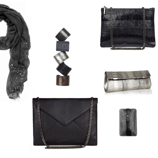 From left: Silver Splash scarf in Dark Grey; Ostrich cuffs; Lee bag in black ostrich with oxy chain; NB11 ostrich clutch in Sterling SIlver; smartphone cover in grey ostrich; Envelop bag in black leather with oxy chain; all available at www.naledibags.com.